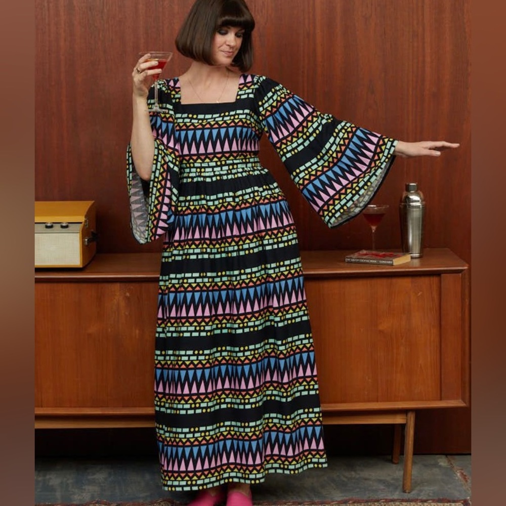 VINTAGE CASINO GEOMETRIC MAXI DRESS 70’s STYLE WITH POCKETS US Size 8